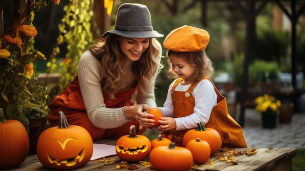 Gelukkige ouders en kinderen snijden samen een pompoen voor de Halloween-vakantie