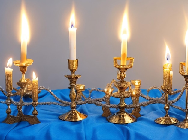 Gelukkige ouders met dochter bliksem kaarsen in menorah aan de eettafel terwijl het vieren van Chanoeka thuis