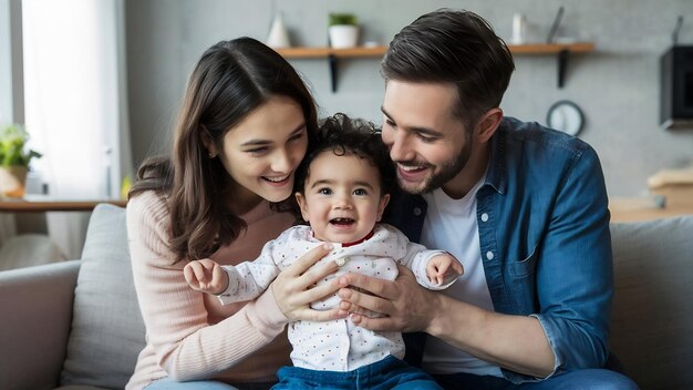 Gelukkige ouders met een kind thuis