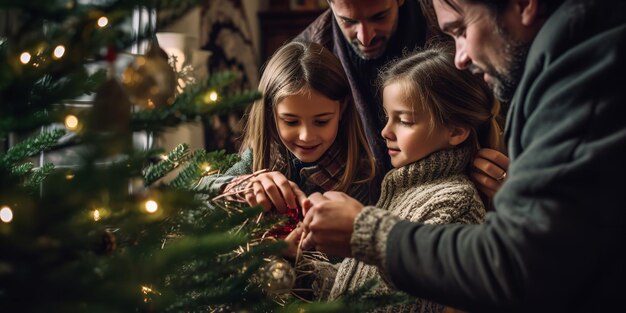 Gelukkige ouders versieren de familie kerstboom met hun dochter Generatieve AI