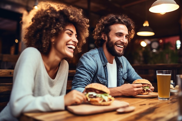 Gelukkige paar hamburger eten bij Pub Restaurant Generatieve Ai