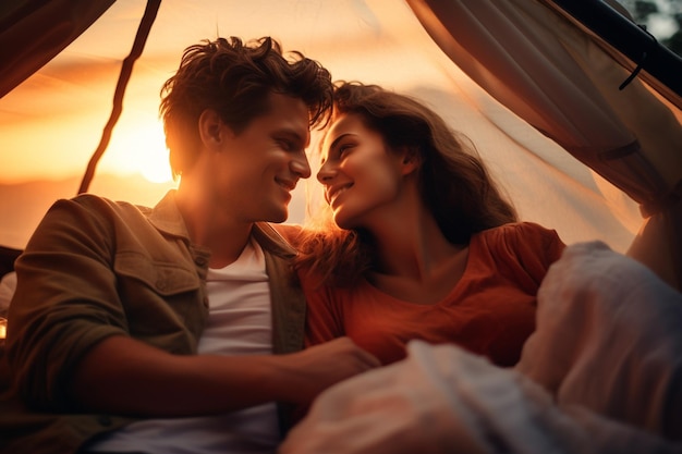 Gelukkige paar picknicken in een tent aan de rivier in de avond