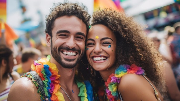 Gelukkige paar vieren op LGBTQ Gay Pride Parade in Sao Paulo Pride Month in Brazilië