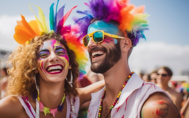 Gelukkige paar vieren op LGBTQ Gay Pride Parade in Sao Paulo Pride Month in Brazilië