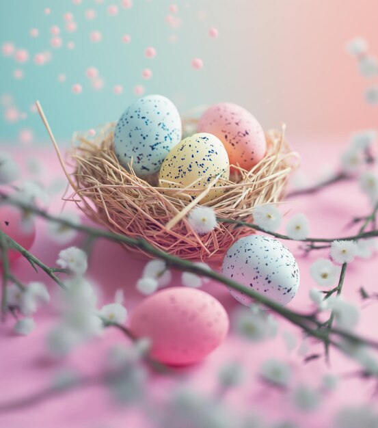 Foto gelukkige paas achtergrond met eieren in nest voorjaarsbloemen en kopie ruimte groetkaart