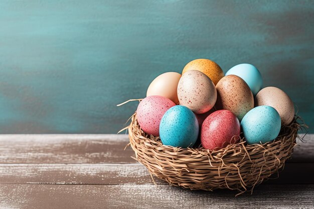 Gelukkige paasdag met gekleurde eieren in het mandje of nest op houten achtergrond of kopieerruimte