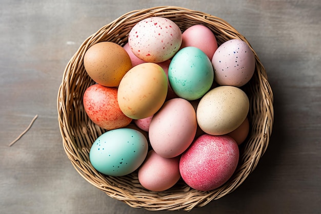 Gelukkige paasdag met gekleurde eieren in het mandje of nest op houten achtergrond of kopieerruimte