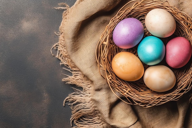 Gelukkige paasdag met gekleurde eieren in het mandje of nest op houten achtergrond of kopieerruimte