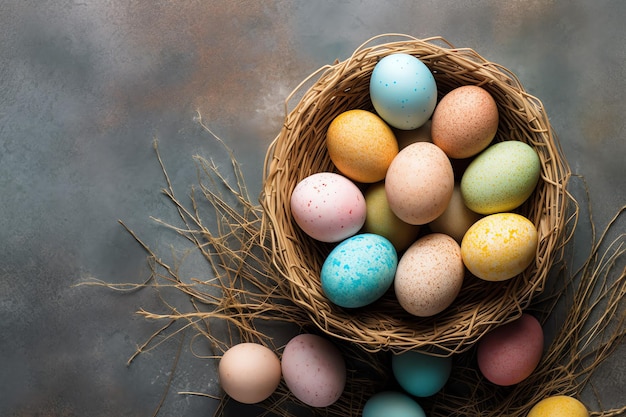 Gelukkige paasdag met gekleurde eieren in het mandje of nest op houten achtergrond of kopieerruimte