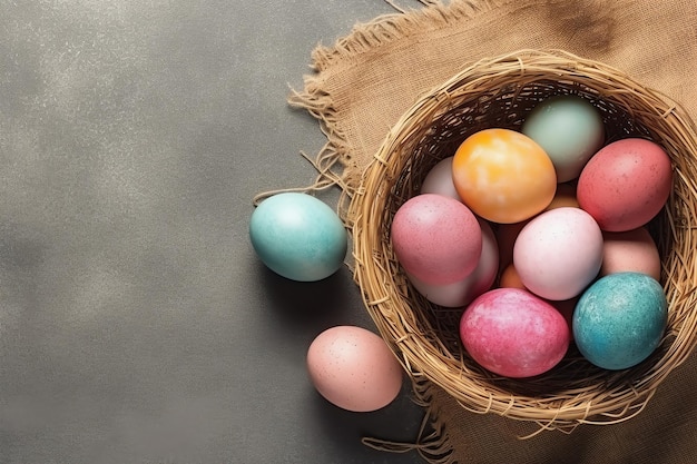 Gelukkige paasdag met gekleurde eieren in het mandje of nest op houten achtergrond of kopieerruimte