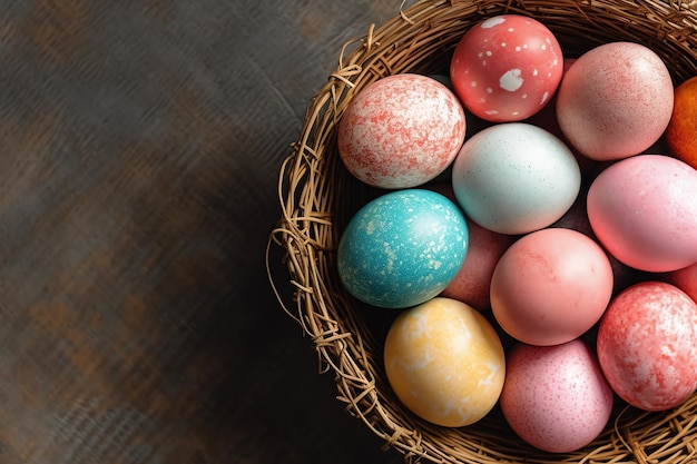 Gelukkige paasdag met gekleurde eieren in het mandje of nest op houten achtergrond of kopieerruimte