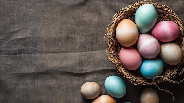 Gelukkige paasdag met gekleurde eieren in het mandje of nest op houten achtergrond of kopieerruimte