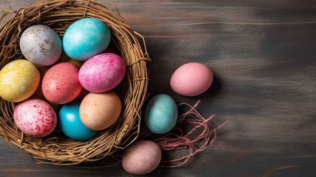 Gelukkige paasdag met gekleurde eieren in het mandje of nest op houten achtergrond of kopieerruimte