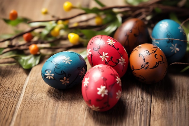 Gelukkige paasdag met gekleurde eieren kleurrijk in de mand of nest op houten achtergrond of kopieerruimte