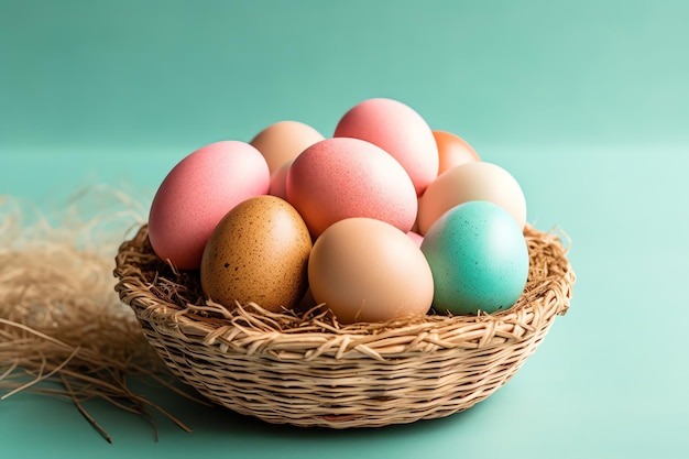 Gelukkige paasdag met gekleurde eieren kleurrijk in de mand of nest op houten achtergrond of kopieerruimte