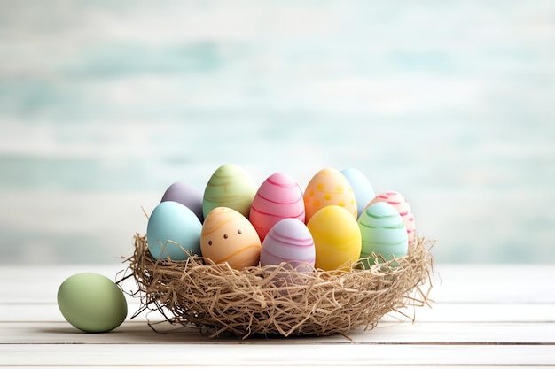 Gelukkige paasdag met gekleurde eieren kleurrijk in de mand of nest op houten achtergrond of kopieerruimte