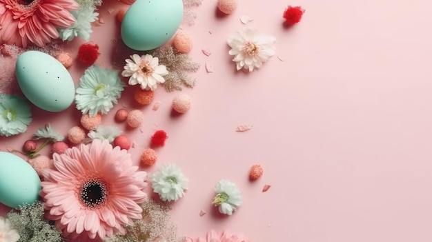Gelukkige Paasdag met kleurrijke eieren en bloemen op een pastelkleurige achtergrond
