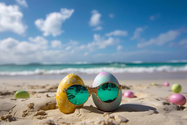 Gelukkige paaseieren met zonnebril op de oceaan Paaseis April Vakantie