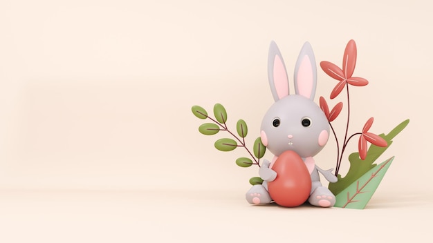 Gelukkige paasgroetekaart sjabloon met konijn en eieren 3d rendering feestelijke achtergrond.