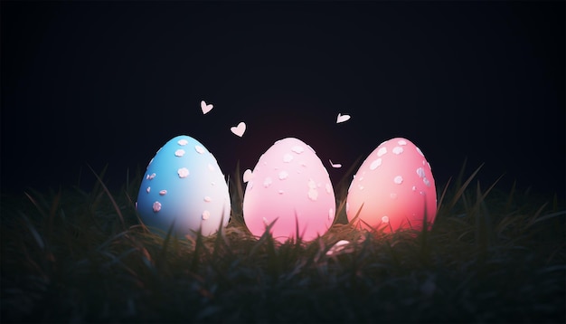 Gelukkige Pasen gloeiende retro neon eieren op donkere achtergrond Pastel gekleurde 3D Pasen eieren kopieer ruimte