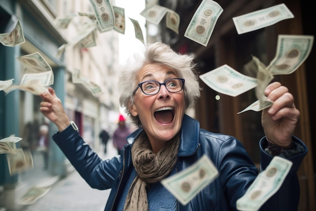 Foto gelukkige persoon krijgt bonus geld en bankbiljetten vliegen in de lucht en krijgen geluk rijk en financiële vrijheid aantrekkelijkheid