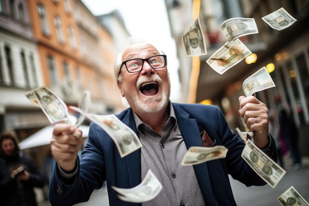 Gelukkige persoon krijgt bonus geld en bankbiljetten vliegen in de lucht en krijgen gelukkige rijke en financiële vrijheid aantrekkelijkheid.