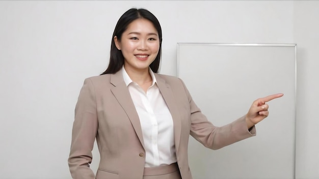 Gelukkige professionele Aziatische vrouwelijke manager zakenvrouw in pak toont aankondiging glimlachend en poi