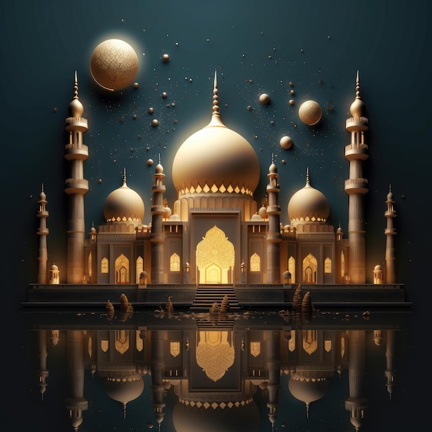 Gelukkige ramadan kareem eid mubarak fitr 3d van moskee maan geometrisch arabisch patroon voor achtergrond verkoop poster of wenskaart