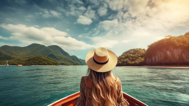 Gelukkige reiziger vrouw op boot vreugde leuke natuur panoramische uitzicht Vrijheid avontuur reizen Phuket Thailand