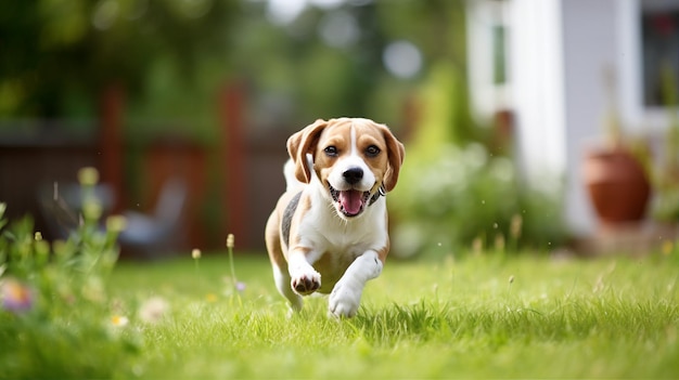 Gelukkige schattige hond in het gras