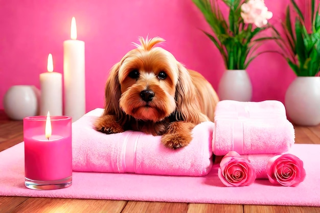 Gelukkige schattige hond ontspant in een schoonheidssalon met aromatische kaarsen en handdoek spa dag in stijl Barbie Pink