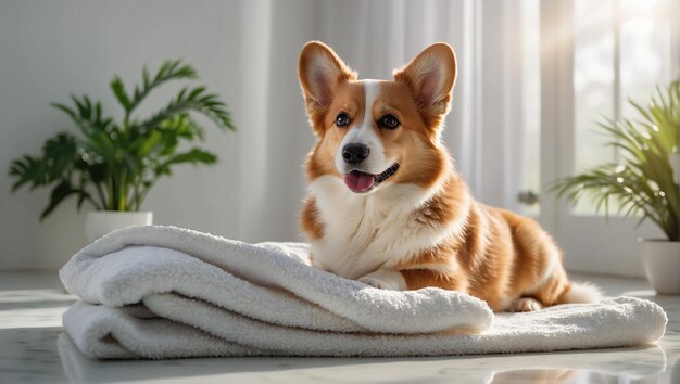 Gelukkige schattige huishoudelijke corgi hond die speelt en rust in een mooie woonkamer thuis