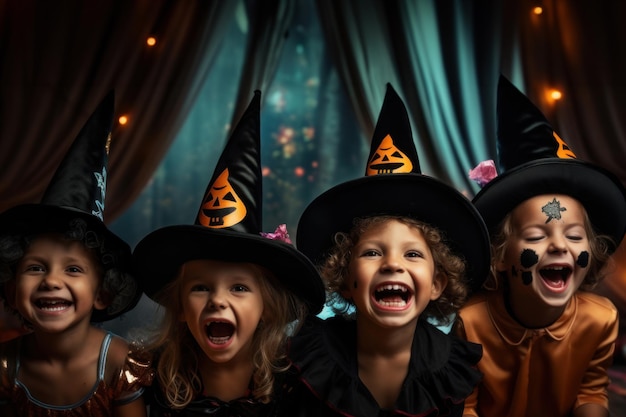 Gelukkige schattige kinderen met een halloween-themafestival voelen zich leuk tijdens een nachtfeest