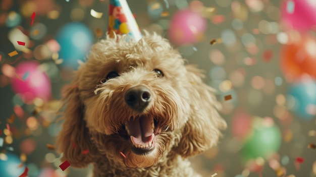 Gelukkige schattige labradoodle hond met een feesthoed die viert op een verjaardagsfeestje