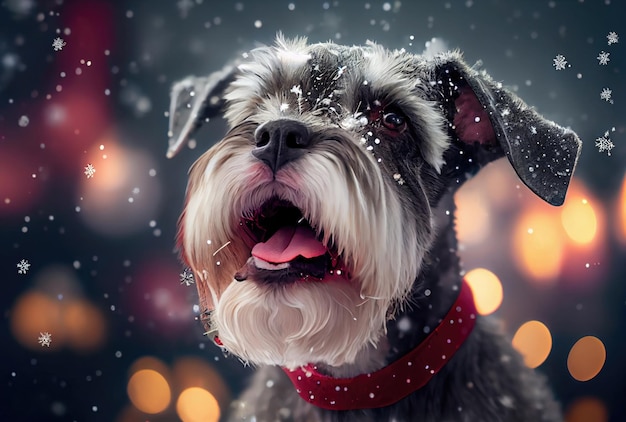 Gelukkige Schnauzer-hond in Santa Claus-kostuum en glanzende bokehachtergrond Dier en Vakantieconcept Generatieve AI