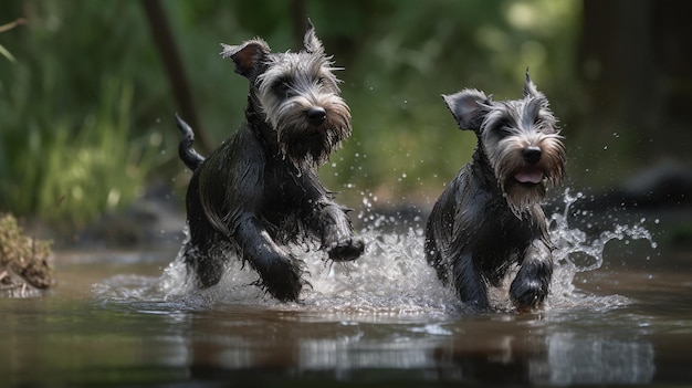 Gelukkige schnauzer-puppy's spetteren in een rivier Generatieve AI