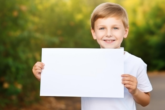 Gelukkige Scholl jongen met een blanke witte banner teken geïsoleerd studio portret