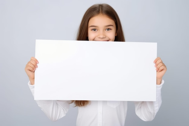 Gelukkige Scholl-meisje met een blanke witte banner teken geïsoleerd studio portret