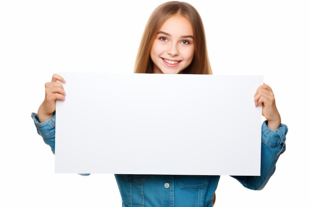 Gelukkige Scholl-meisje met een blanke witte banner teken geïsoleerd studio portret