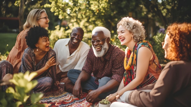 Gelukkige senior diverse mensen die op een deken zitten en picknicken in de tuin