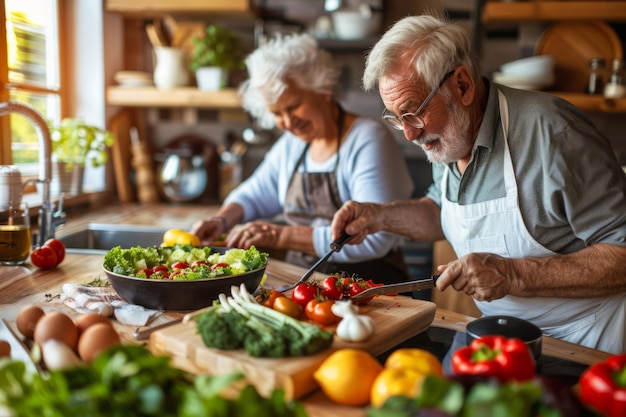 Gelukkige senioren bereiden thuis veganistisch eten voor in een moderne keuken