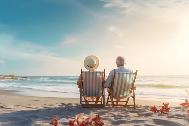 Gelukkige senioren genieten van hun pensioen met een strand in de ochtend