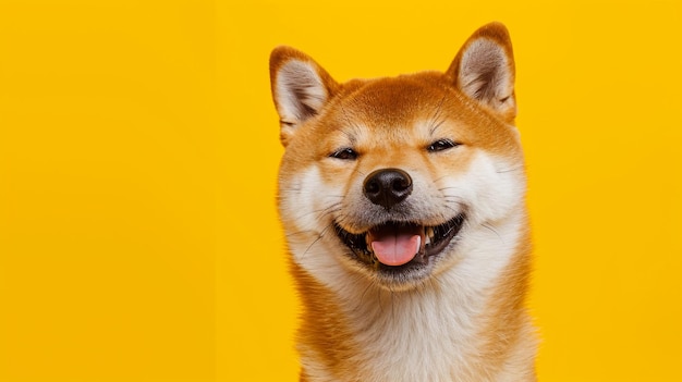 Gelukkige shiba inu hond op geel roodharige Japanse hond glimlach portret AI Generative