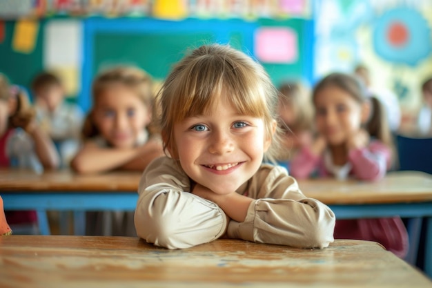 Gelukkige Slavische kinderen zitten op school aan hun bureau