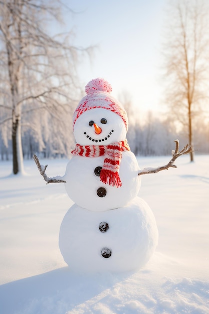 Gelukkige sneeuwman met een Nieuwjaarsbol