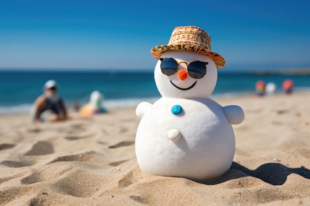 Gelukkige sneeuwman op het strand met een zonnebril.