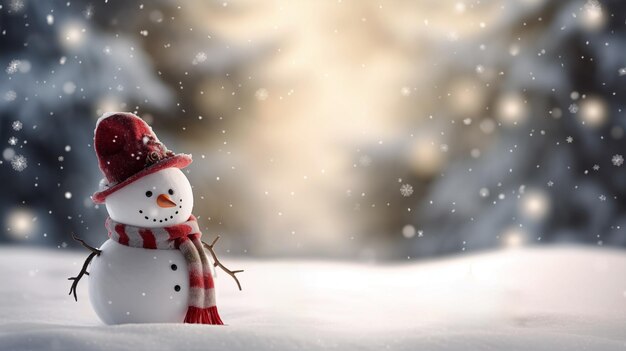 Gelukkige sneeuwpop die in het kerstlandschap staat