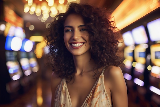Gelukkige Spaanse vrouw bij casino gokkasten.