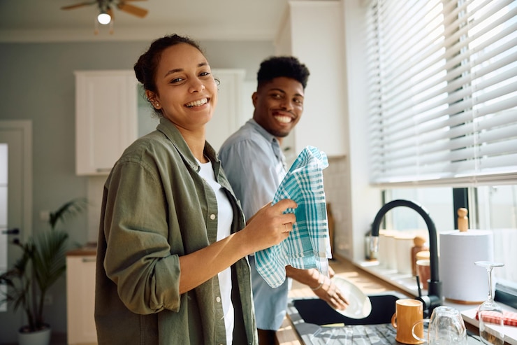 Foto gelukkige spaanse vrouw en haar zwarte vriend doen de afwas in de keuken.