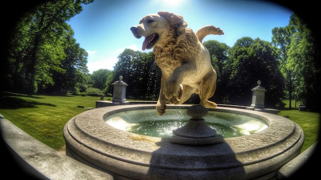 Gelukkige speelse hond die plezier heeft in het stadspark Puppy die speelt in de fontein opgenomen op fisheye camera